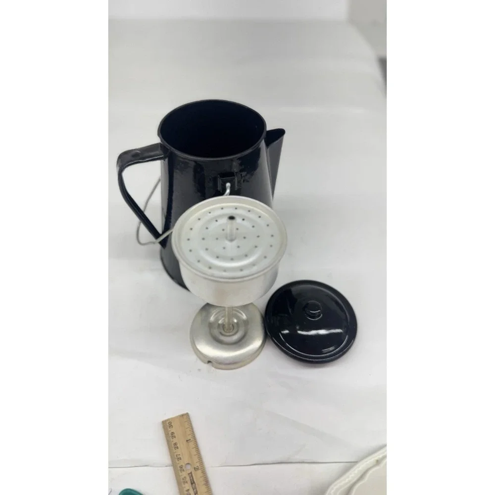 Vintage Black & White Speckled Enamelware Percolator Camping Cowboy Coffee Pot